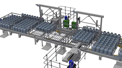 3D illustration of linear palletiser with automatic pallet transport on chain conveyor