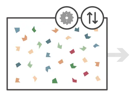 illustration of plastic granules a shredder icon and a sorting icon