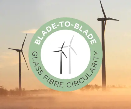 image of two windturbines in a sunset with a light green circle on top with the text Blade-to-Blade Glass fibre circularity