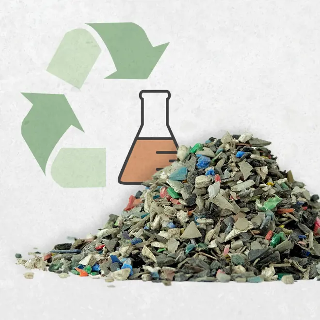 images of plastic granules and an icon shown recyling and chemical