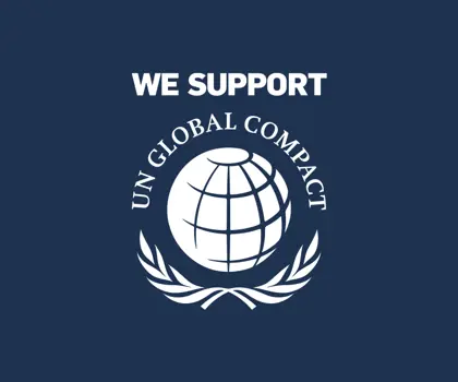 White 'We support UN Global Compact' logo on blue background