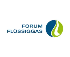 Forum Flüssiggas logo, blue text and a blue and green circle with a green drop