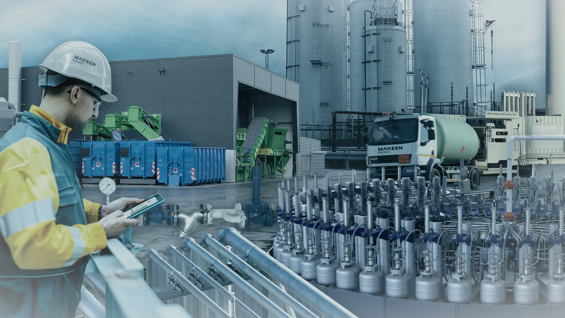 collage of several different energy business segments a customer support guy with helmet pipelines LPG filling carrousel LPG truck silos