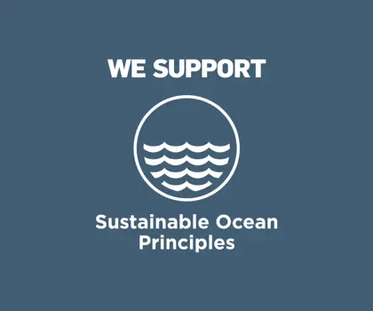 White 'We support Sustainable Ocean Principle' logo on blue background